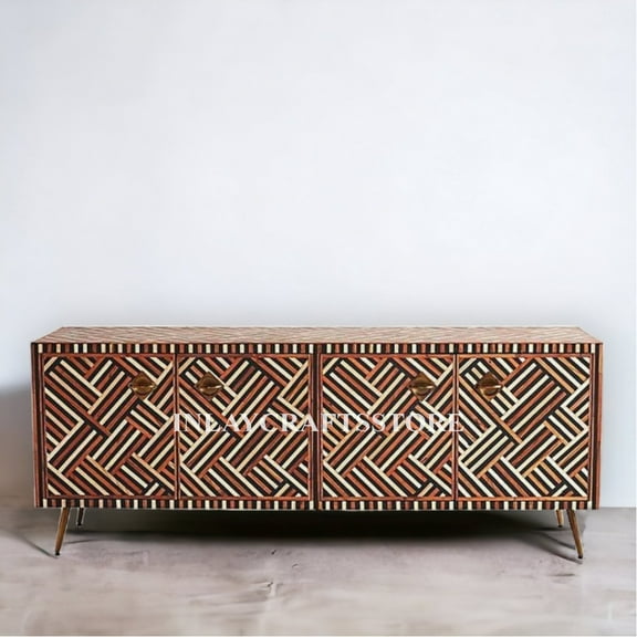 LAKECITY ARTS Bone Inlay Optical Design Media Cabinet in Brown, Bone Inlay Optical Design Media Console, Bone Inlay Storage Unit