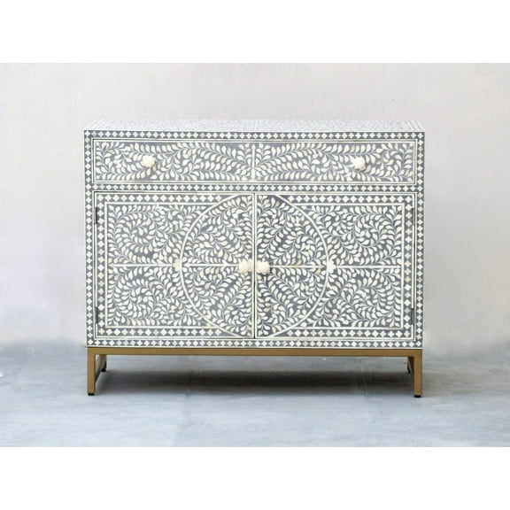 LAKECITY ARTS Bone Inlay Scroll Vine Design Entryway Cabinet Grey, Bone Inlay Scroll Vine Design Media Unit Table, Bone Inlay Storage Unit