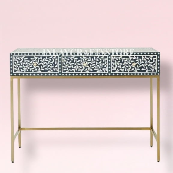 LAKECITY ARTS Bone Inlay Scroll vine Design 3 Drawers Console Blue, Bone Inlay Scroll vine Design Desk Blue,Bone Inlay Storage Unit