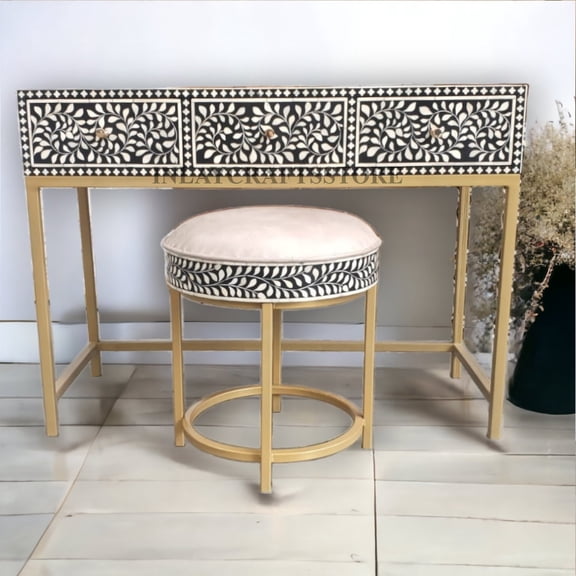 LAKECITY ARTS Bone Inlay Scrollvine 3 Drawers Console and Stool Black, Bone Inlay Scrollvine Desk and Stool Black, Bone Inlay Storage Unit