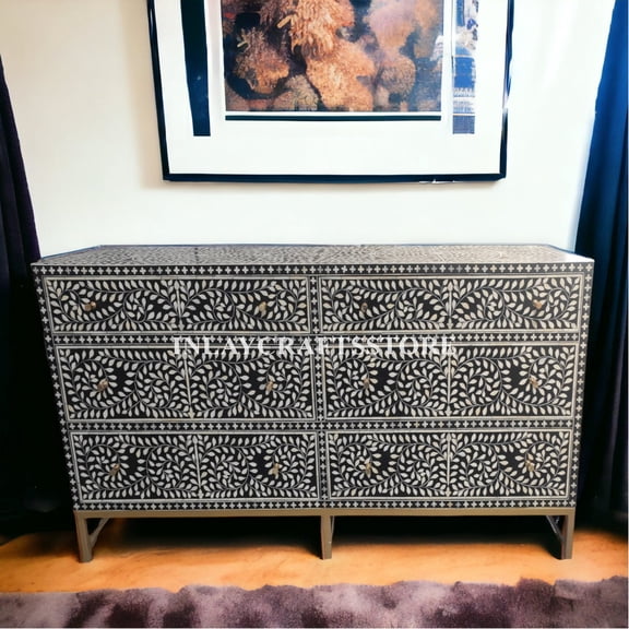 LAKECITY ARTS Bone Inlay Scrollvine 6 Drawers Chest Black, Bone Inlay Scrollvine 6 Drawers Dresser Table Black, Bone Inlay Storage Unit