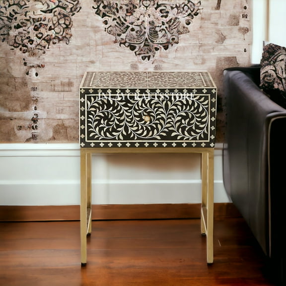 LAKECITY ARTS Bone Inlay Scrollvine Design 1 Drawer Bedside Table Black, Bone Inlay Scrollvine Design 1 Drawer Nightstand Table Black