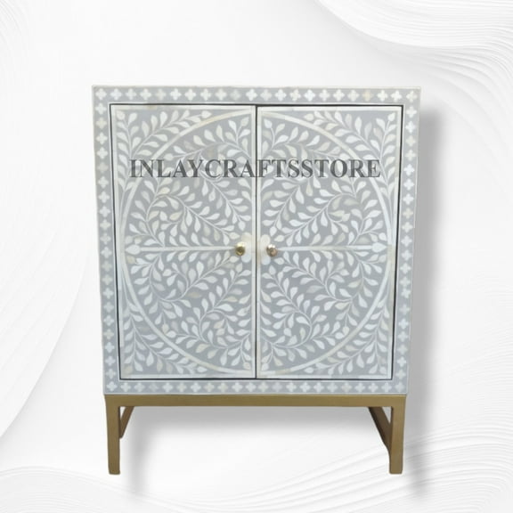 LAKECITY ARTS Bone Inlay Scrollvine Design Small Entryway Cabinet Grey, Bone Inlay Scrollvine Design Small Media Unit Table Grey, Bone Inlay Storage Unit