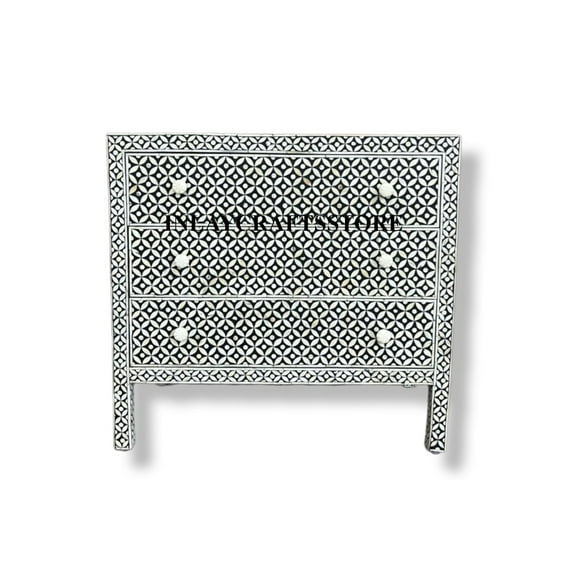 LAKECITY ARTS Bone Inlay Star Design 3 Drawers Chest Black, Bone Inlay Star Design 3 Drawers Dresser Table Black, Bone Inlay Storage Unit
