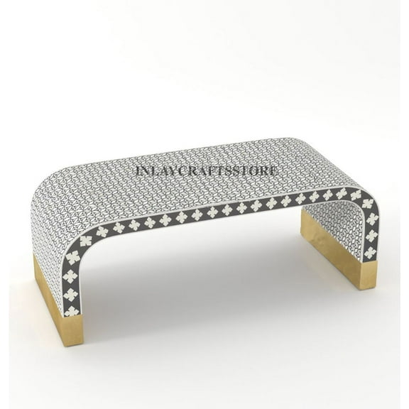 LAKECITY ARTS Bone Inlay Star Design Waterfall Coffee Table Black, Bone Inlay Star Design Waterfall Center Table Black, Bone Inlay Table