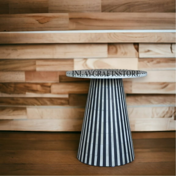 LAKECITY ARTS Bone Inlay Stripe Design Round Side Table Black, Bone Inlay Stripe Design End Table Black, Bone Inlay Sofa Side Table