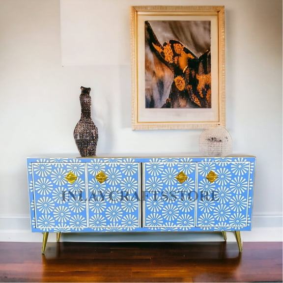 LAKECITY ARTS Bone Inlay Sun Design Media Cabinet Blue, Bone Inlay Sun Design Media Console Blue, Bone Inlay Storage Unit