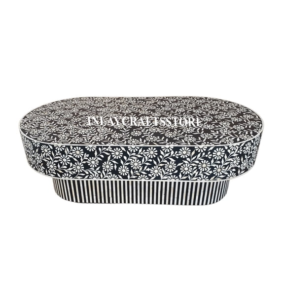 LAKECITY ARTS Bone Inlay Sun Flora Design Coffee Table Black, Bone Inlay Sun Flora Design Center Table Black, Bone Inlay Living Room Table
