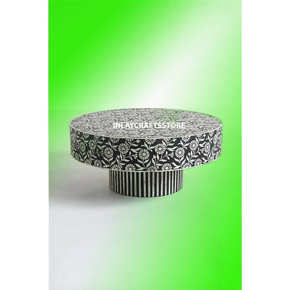 LAKECITY ARTS Bone Inlay Sun Flora Design Coffee Table Black, Bone Inlay Sun Flora Design Center Table Black, Bone Inlay Round Coffee Table