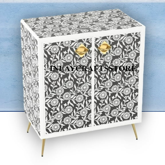 LAKECITY ARTS Bone Inlay Sun Flora Design Small Entryway Cabinet, Bone Inlay Sun Flora Design Small Media Unit Table, Bone Inlay Storage Unit