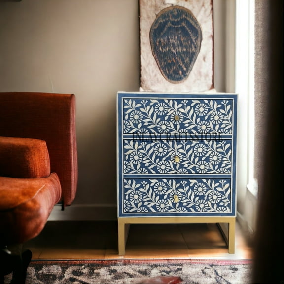 LAKECITY ARTS Bone Inlay Sun Flower Pattern Nightstand Table Blue, Bone Inlay Sun Flower Pattern Bedside Table Blue, Bone Inlay Storage Unit