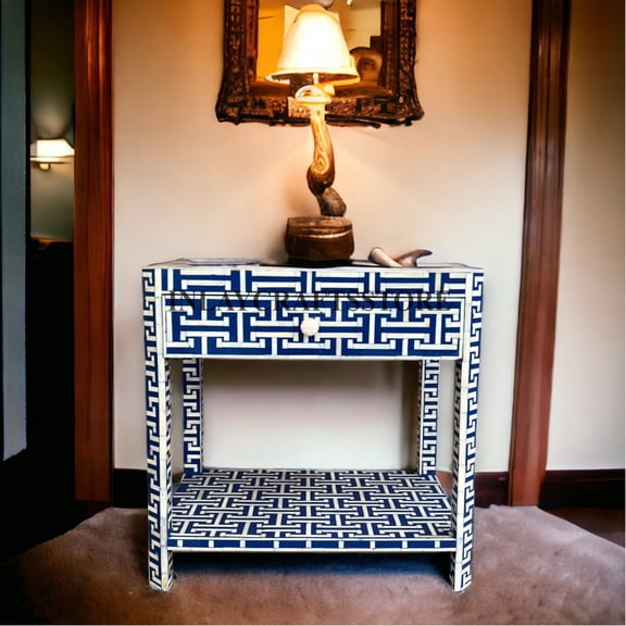LAKECITY ARTS Bone Inlay Tic Tac 1 Drawer 1 Shelf Bedside Indigo Blue, Bone Inlay Tic Tac 1 Drawer 1 Shelf Nightstand Indigo Blue, bone Inlay Storage Unit