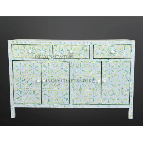 LAKECITY ARTS Colored Bone Inlay Moroccan 3 Drawers & 4 Doord Buffet Table Green, Colored Bone Inlay Moroccan Cabinet Table Green, Bone Inlay Storage Unit