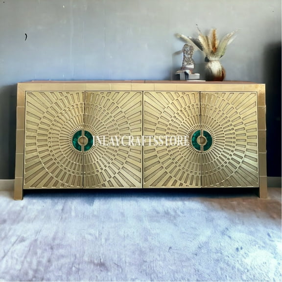 LAKECITY ARTS Handcarved Brass Embossed 4 Door Sideboard, Gold Embossed Cabinet, brass Embossed Sideboard, Brass Credenza