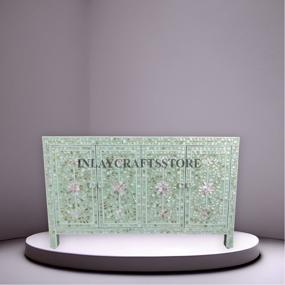 LAKECITY ARTS Mother of Pearl Floral Design 4 Door Media Cabinet Light Green, Mother of Pearl Floral Design 4 Door Media Console Light Green, Storage Unit