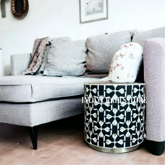 LAKECITY ARTS Mother Of Pearl Lotus Design Round End Table Black, Mother Of Pearl Lotus Design Round Side Table Black, Mother Of Pearl Sofa Side Table