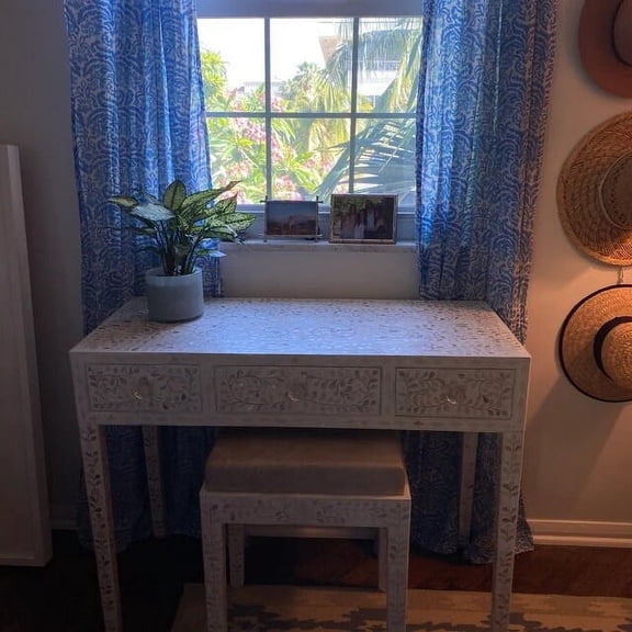 LAKECITY ARTS Mother of Pearl Inlay Vanity Console with Matching and Stool Grey, Mother of pearl Console Table Grey, Mother Of Pearl Dressing Table