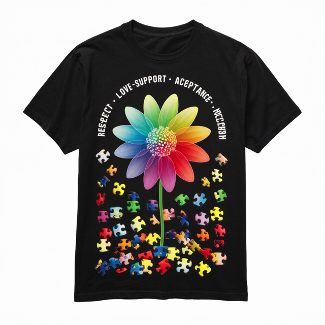 LAKIDAY Flower Puzzle T Shirt Funny Autism Awareness TShirt Round Neck