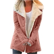 LAKIDAY Sherpa Jackets for Women Winter Casual Warm Faux Fur Lined Coat Oversized Thermal Fuzzy Fleece Jacket Outwear Pockets