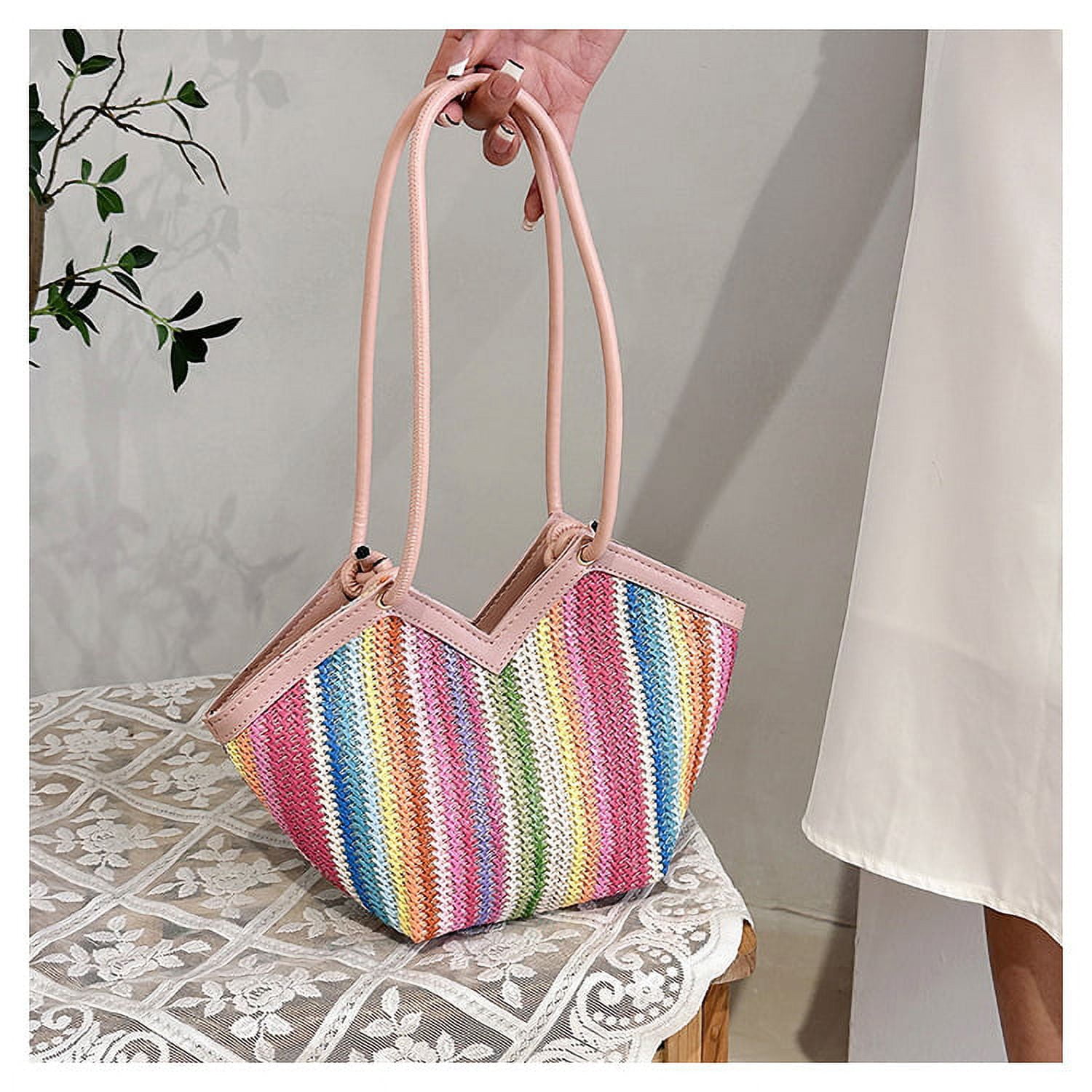 Straw Beach Tote Bag With Tassels & Pom Poms - Large Handwoven Summer Shoulder Bag, Alight Brown - View #7