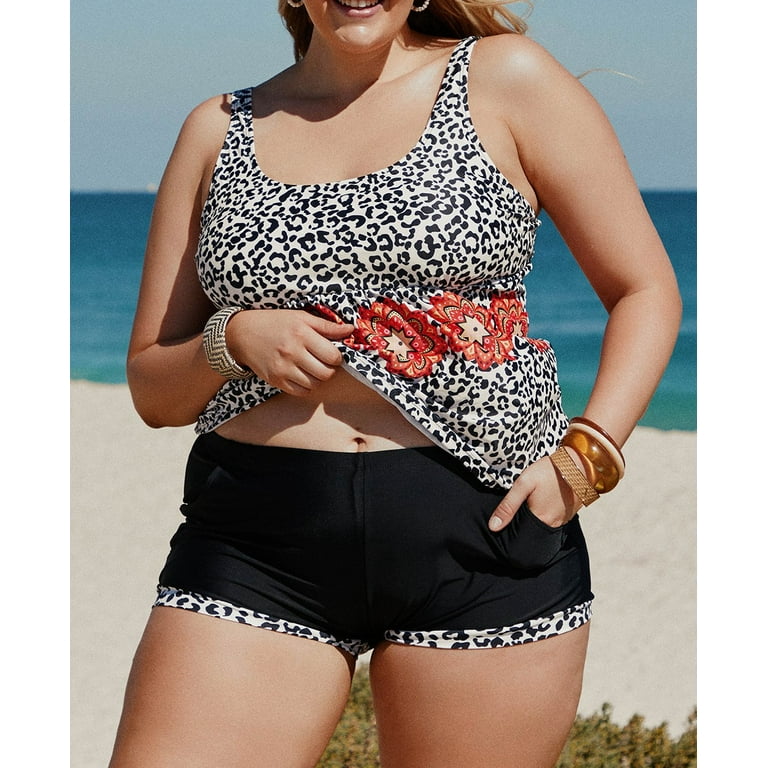 LAKIDAY Tankini Swimsuit Women Plus Size Vintage Push Up Tank Top with Boyshort Swimsuit Retro Two Piece Cover Up Swimwear