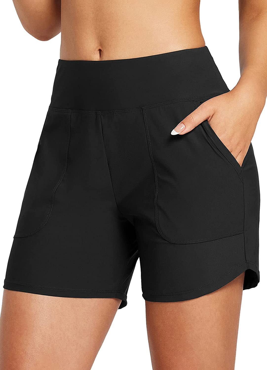 LAKIDAY Women's 5'' High Waisted Swim Board Shorts with Pockets UPF50+ Quick Dry Bathing Suit