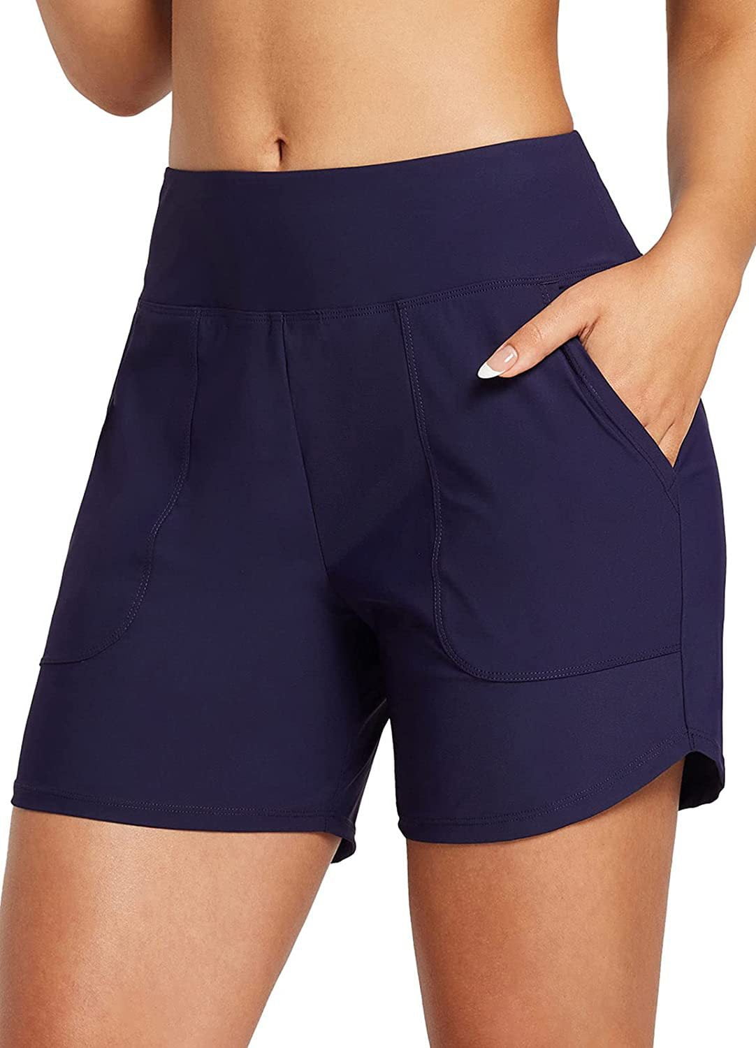LAKIDAY Women's 5'' High Waisted Swim Board Shorts with Pockets UPF50