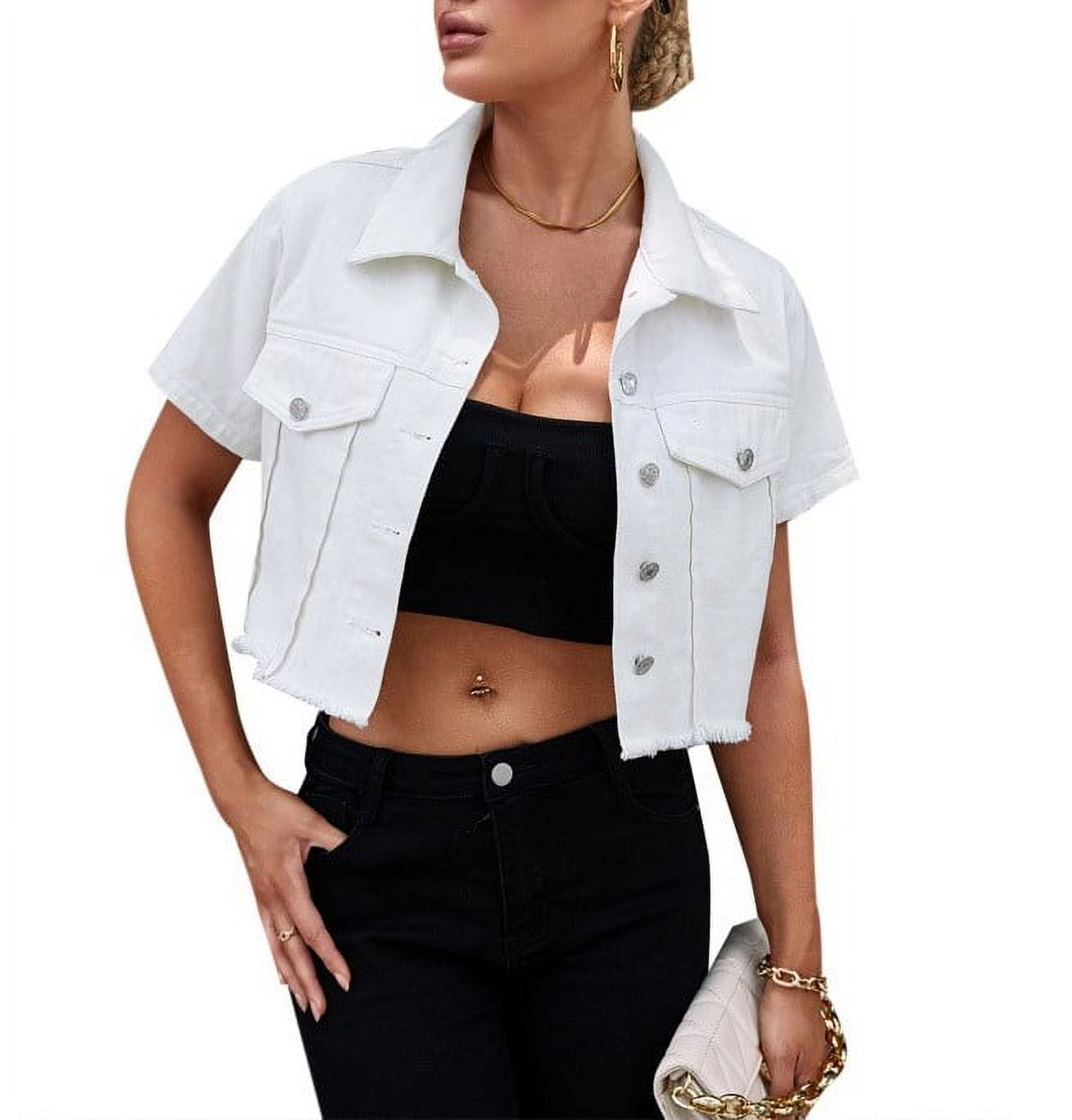 LAKIDAY Womens Cropped Denim Jacket Short Sleeve Button Down Casual