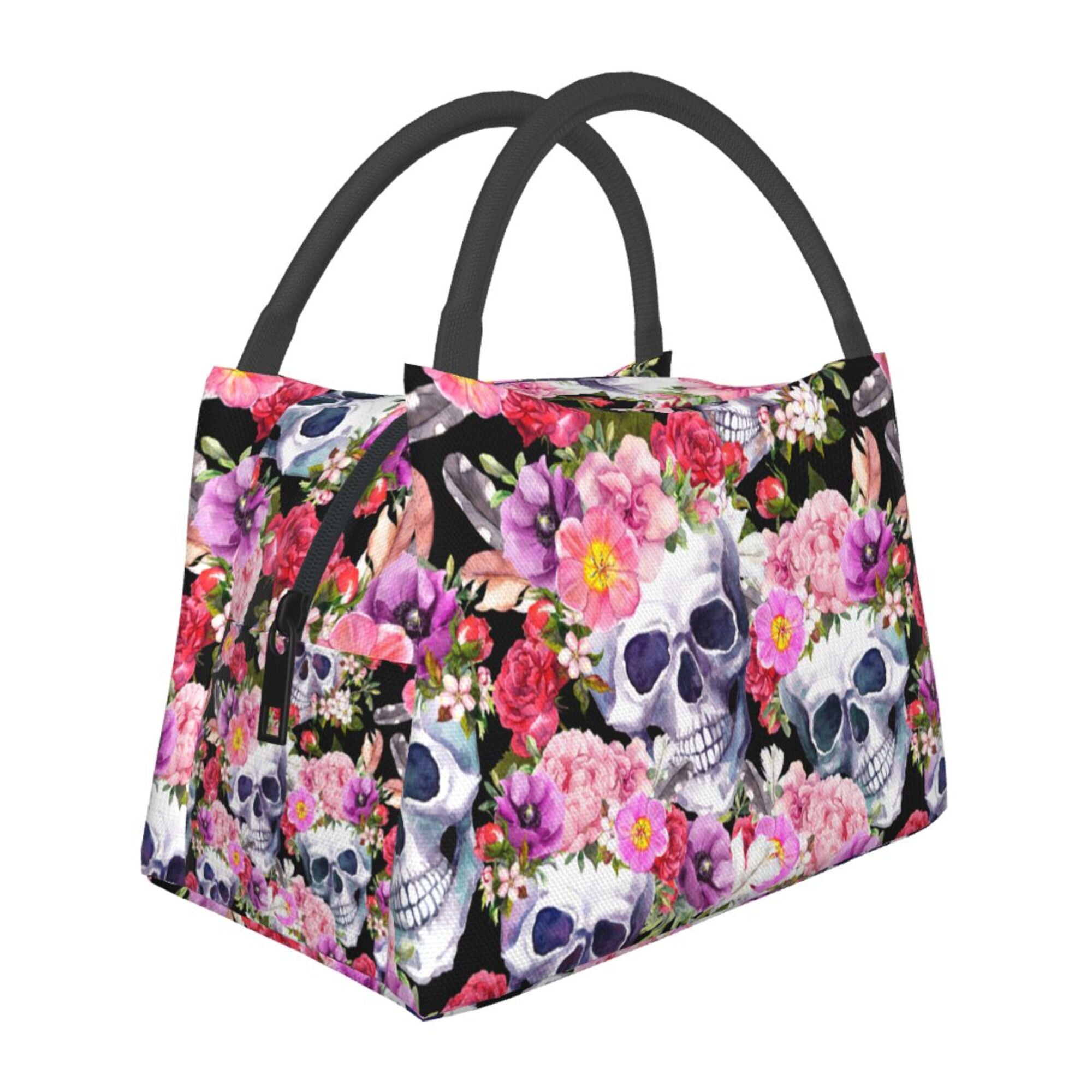 LAKIMCT Black Skulls Pink Flowers Portable Lunch Bag for Kids Adult
