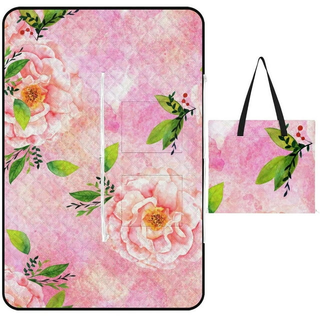 LAKIMCT Blooming Pink Floral Picnic Blanket with Zipper, Waterproof