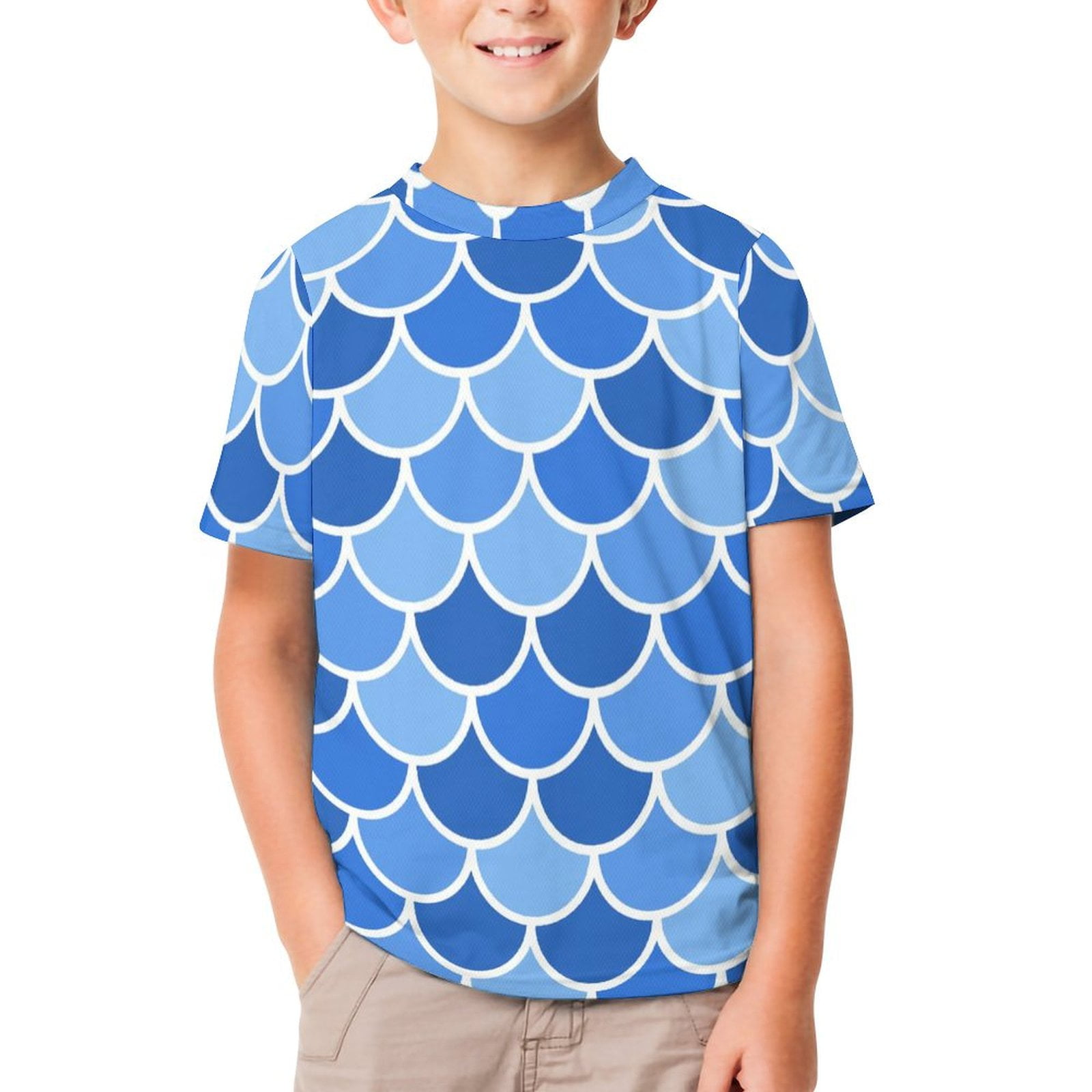 LAKIMCT Blue Fish Scales TShirt for Boys Girls, Novelty Kids Shirts