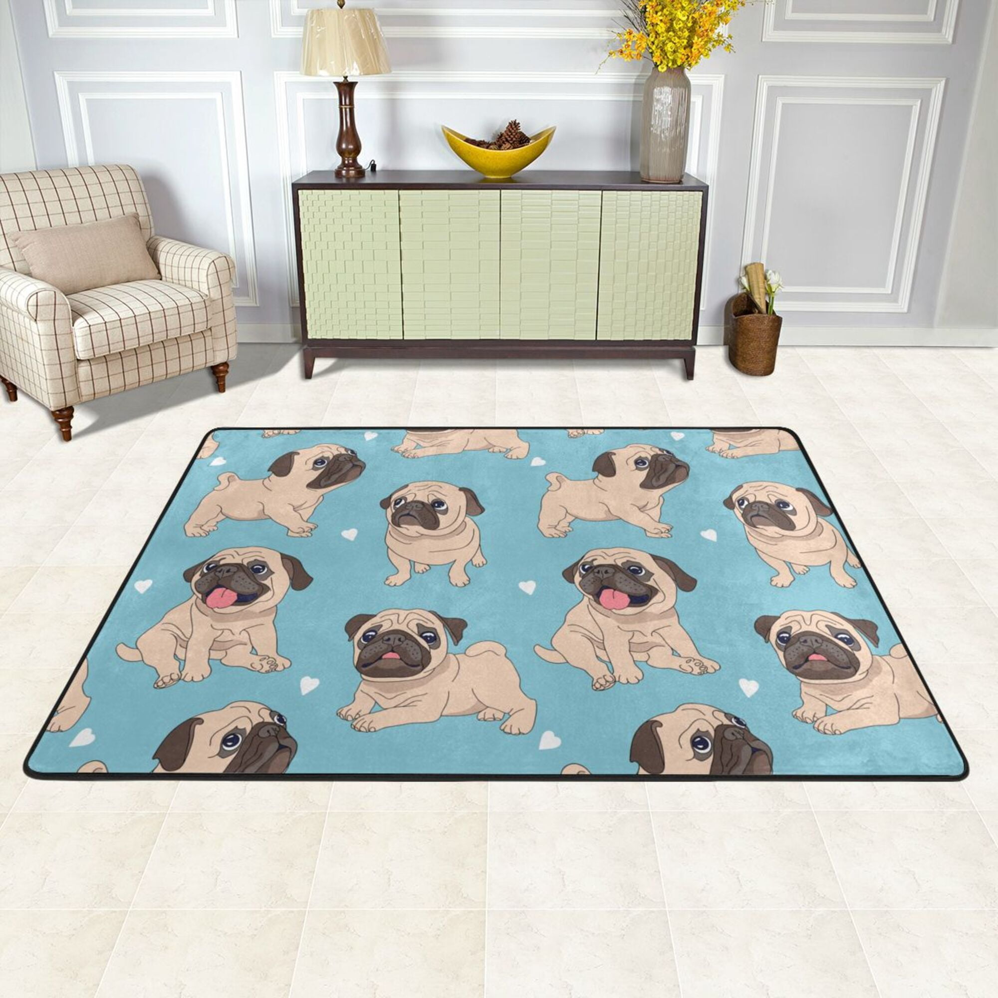 LAKIMCT Blue Funny Pugs Area Rug 72x48 inch, Modern Bedroom Decor Rugs ...