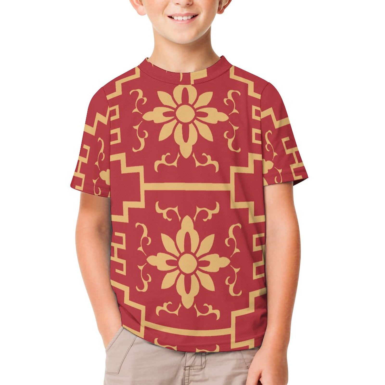 LAKIMCT China Plaid Floral Print TShirt for Boys Girls, Novelty Kids