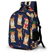 LAKIMCT Christmas Corgis Dog Backpack for Adult Kids, Refrigerator Pocket Schoolbag, Pocket Flipped 180° Bookbag for Travel Work Daybag