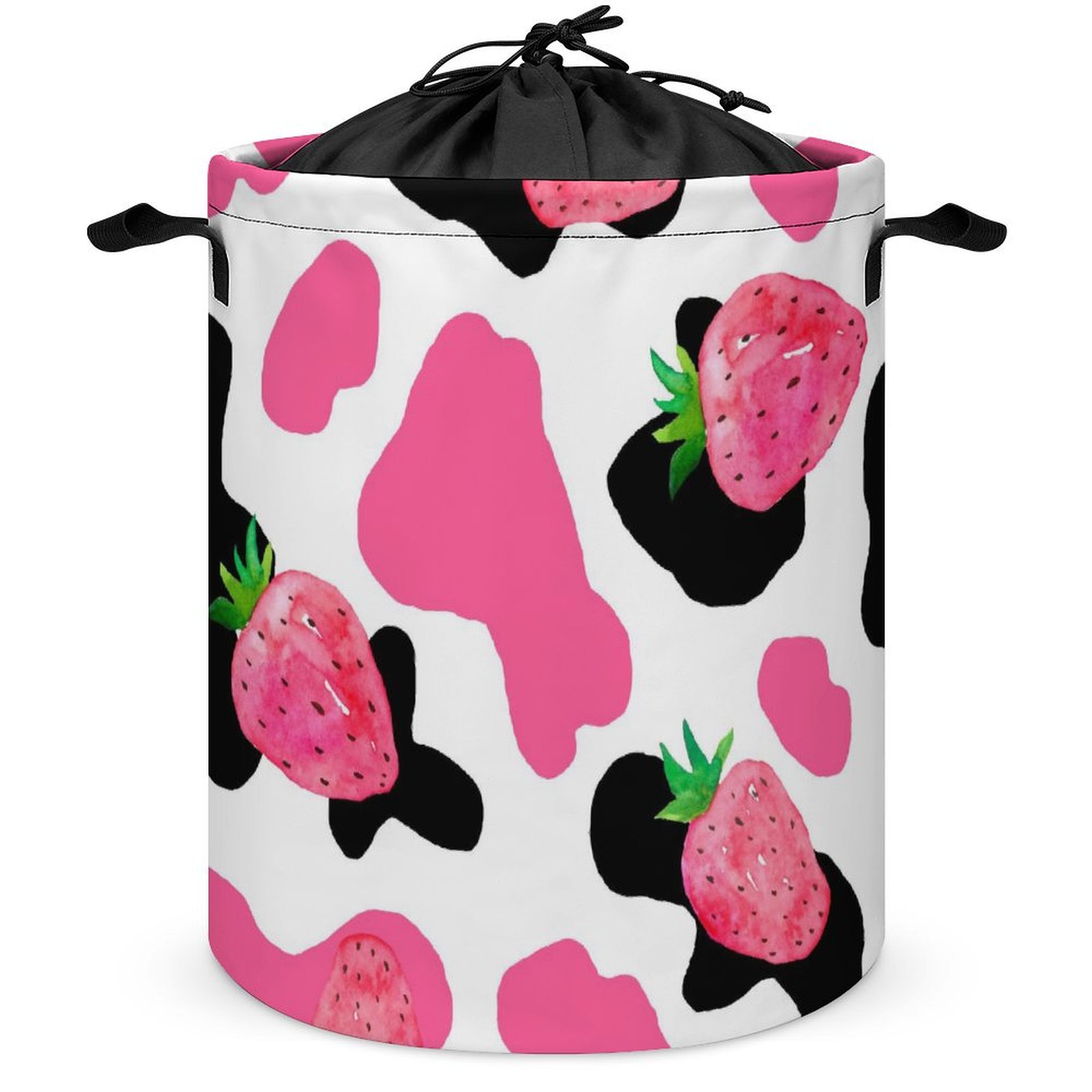 LAKIMCT Cow Print Strawberries Drawstring Laundry Basket with Handle