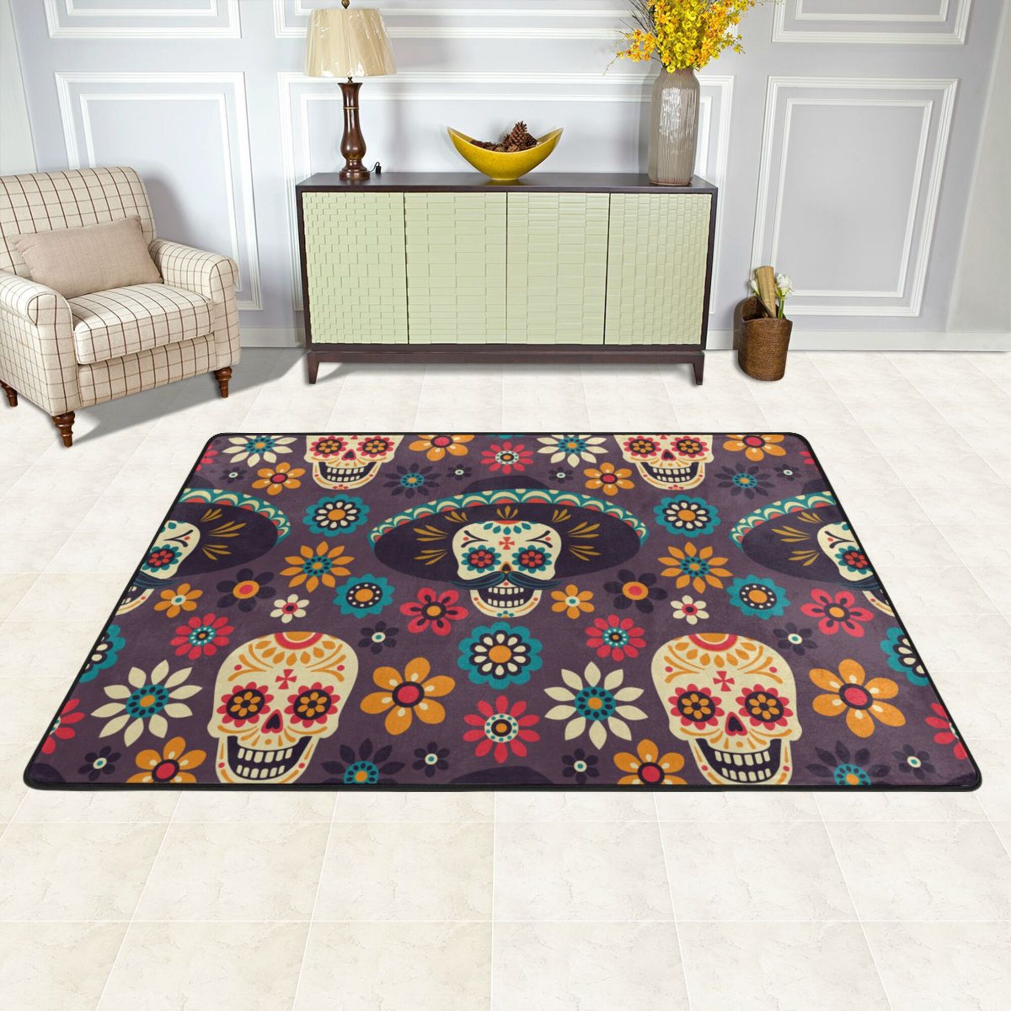 LAKIMCT Floral Sugar Skull Area Rug 36x24 inch, Modern Bedroom Decor