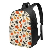LAKIMCT Halloween Pumpkin Bat Laptop Backpack with USB Charging & Headphone Port, 17-Inch College Business Travel Bookbag