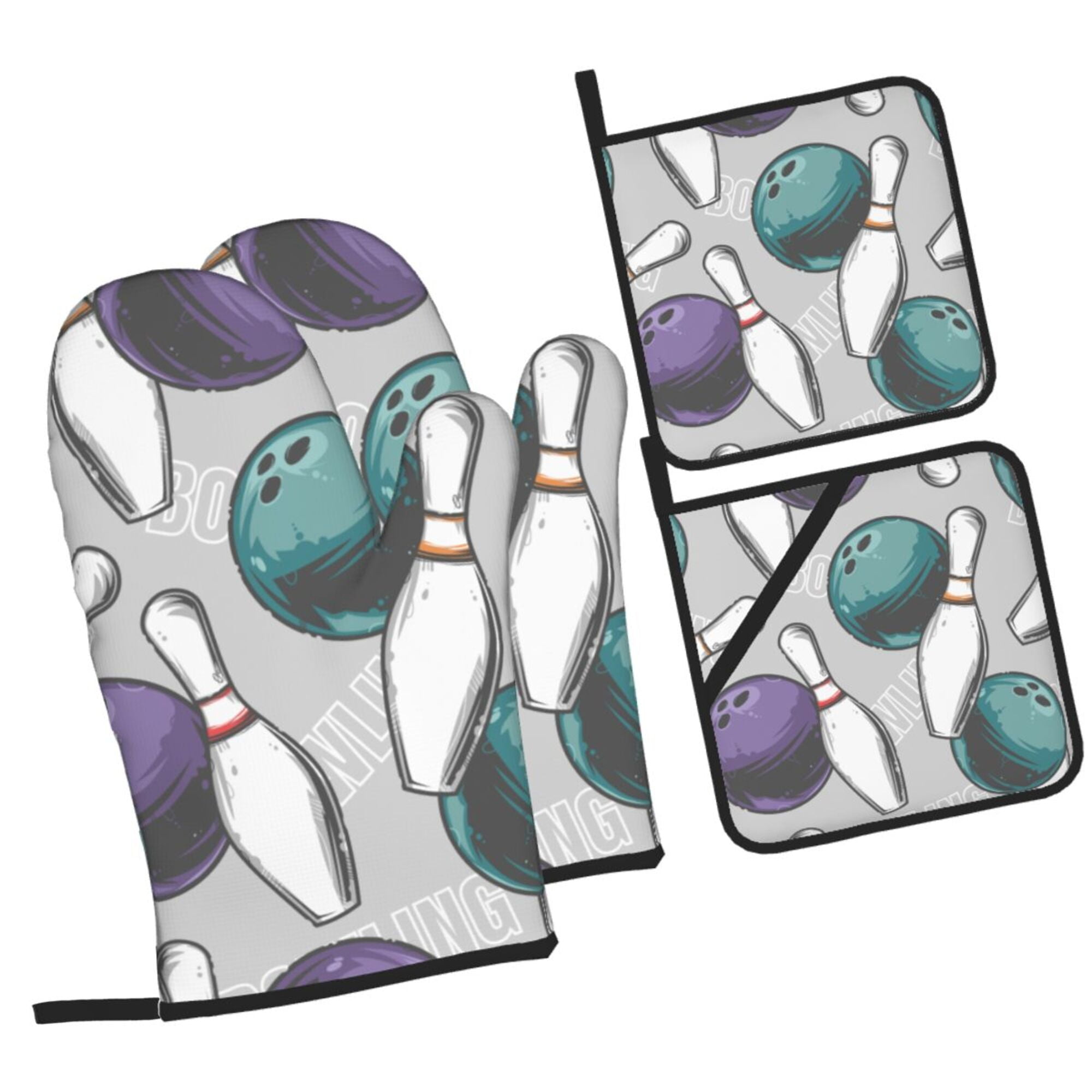 LAKIMCT Hand Drawn Bowling Balls Oven Mitts and Pot Holders Sets NonSlip Potholders Heat