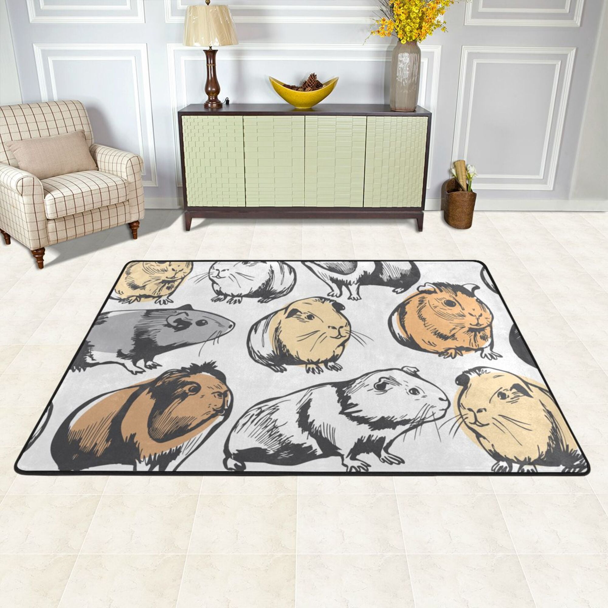 LAKIMCT Hand Drawn Guinea Pigs Area Rug 72x48 inch, Modern Bedroom