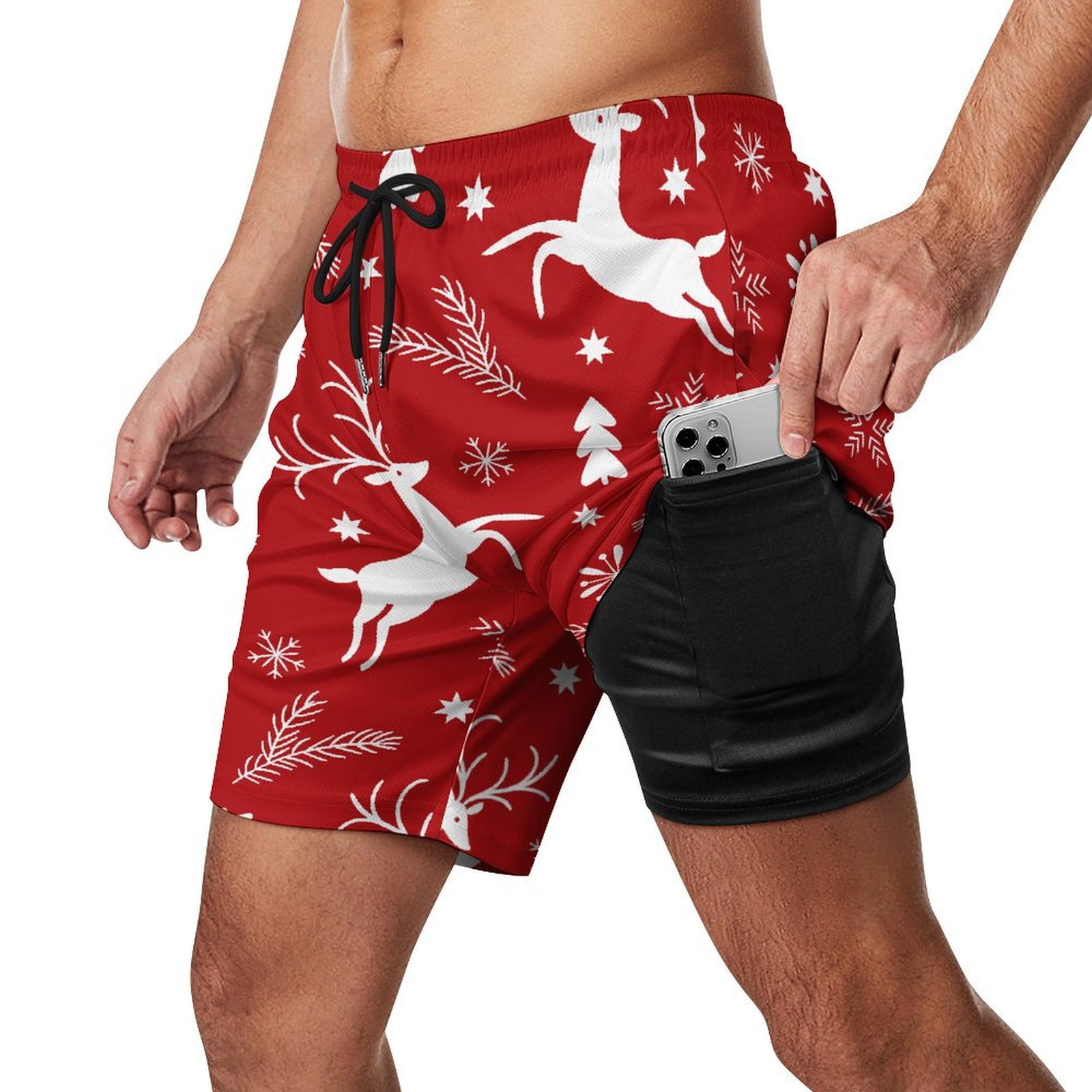 LAKIMCT Men's Swim Trunks with Compression Liner Christmas White