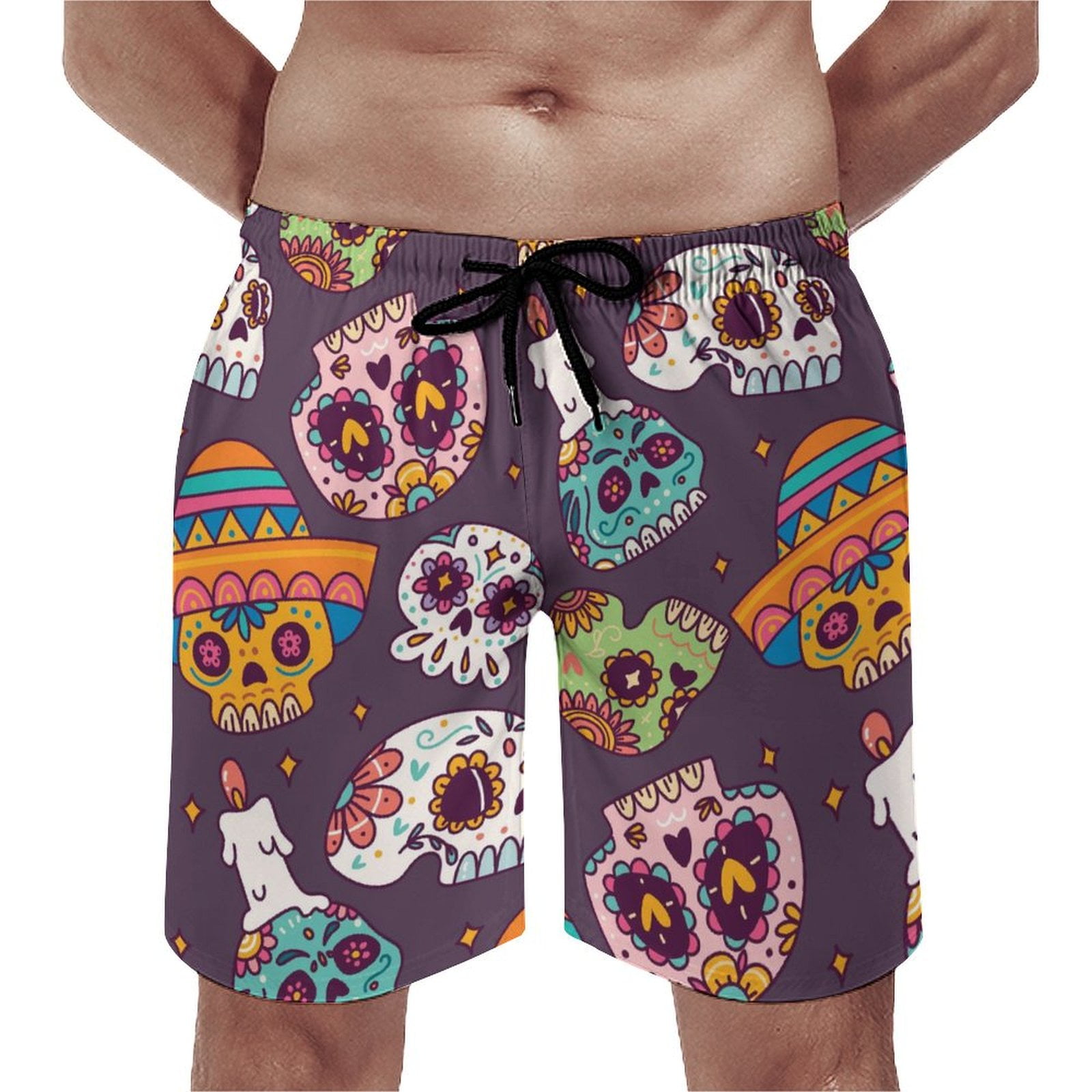 LAKIMCT Mens Swim Trunks Breathable Quick Dry Sugar Skull Beach Shorts