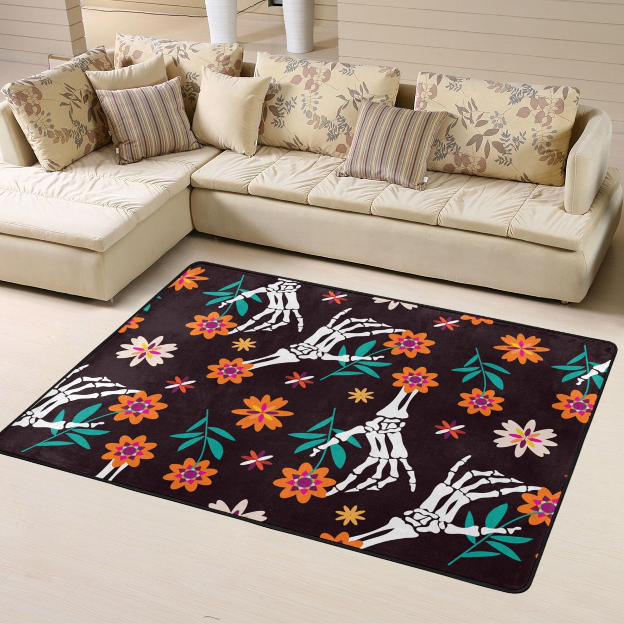 LAKIMCT Mexican Sugar Skulls Hand Area Rug 63x48 inch, Modern Bedroom