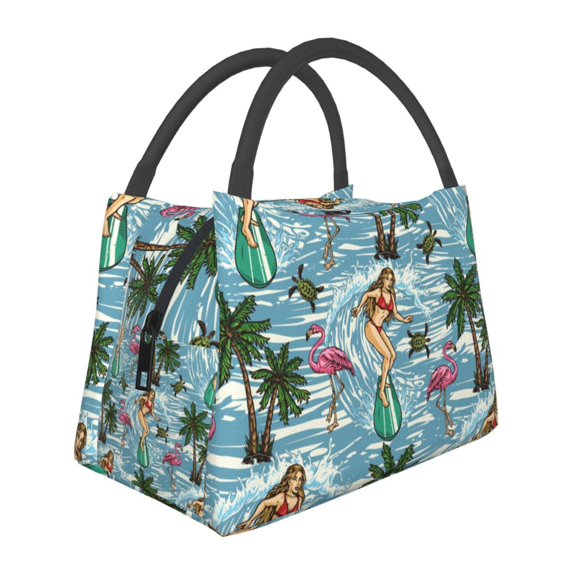 LAKIMCT Retro Surfing Flamingo Portable Lunch Bag for Kids Adult