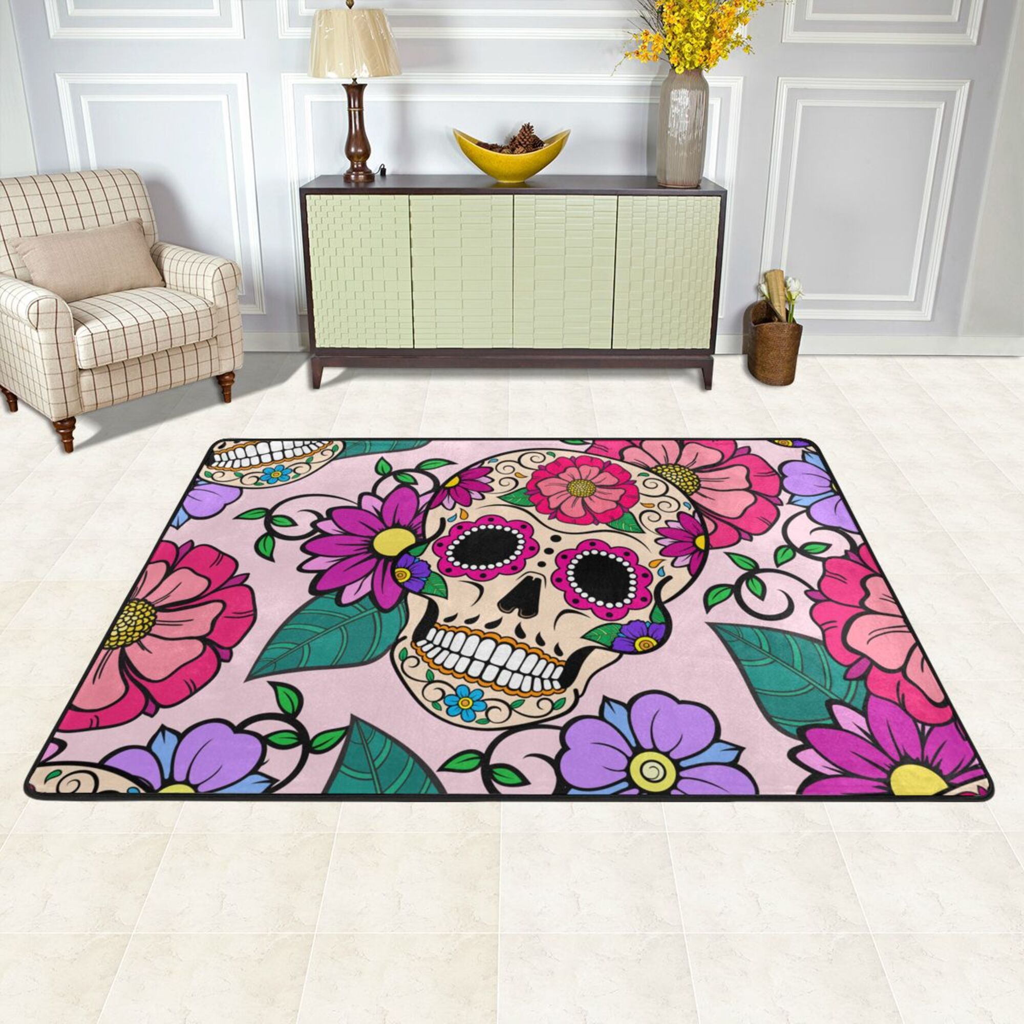 LAKIMCT Sugar Skulls Pink Floral Area Rug 36x24 inch, Modern Bedroom