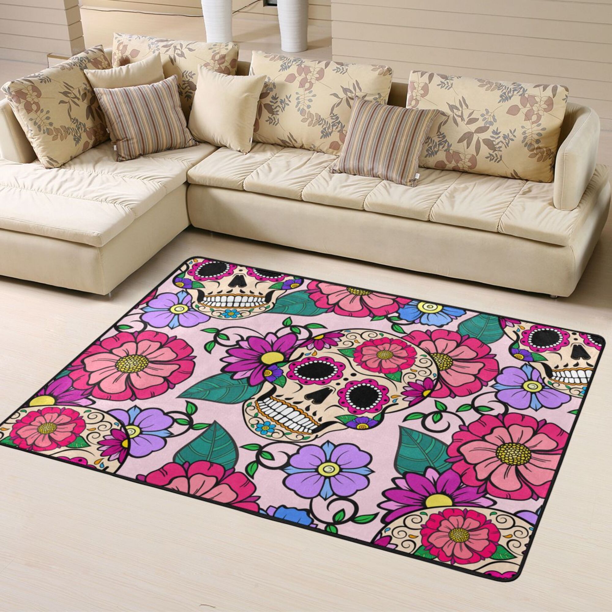 LAKIMCT Sugar Skulls Pink Floral Area Rug 63x48 inch, Modern Bedroom
