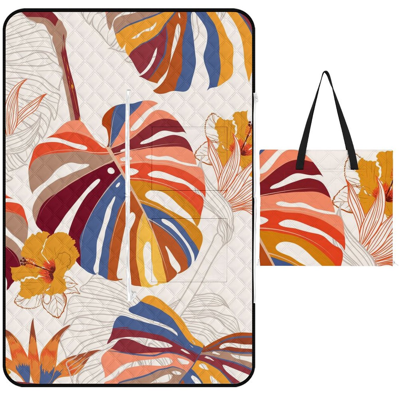 LAKIMCT Tropical Palm Leaf Picnic Blanket with Zipper, Waterproof