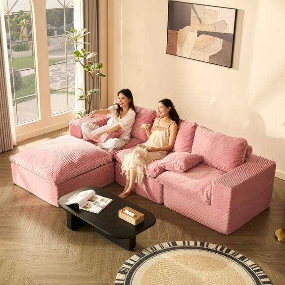 LAKPS 106.3" L-Shaped Modular Sectional Couch, Deep Seat Modular Couch for Families and Apartment Dwellers, No Assembly Required, Comfortable Sofa for Living Room, Corduroy, Pink