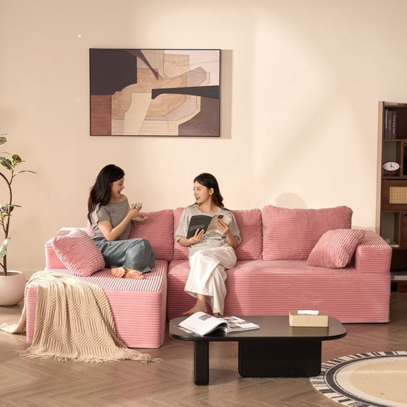 LAKPS 107" L-Shaped Left Modular Boneless Sofa, Deep Seat Corduroy Couch for Adults, No Assembly Required (2 Packages), Pink