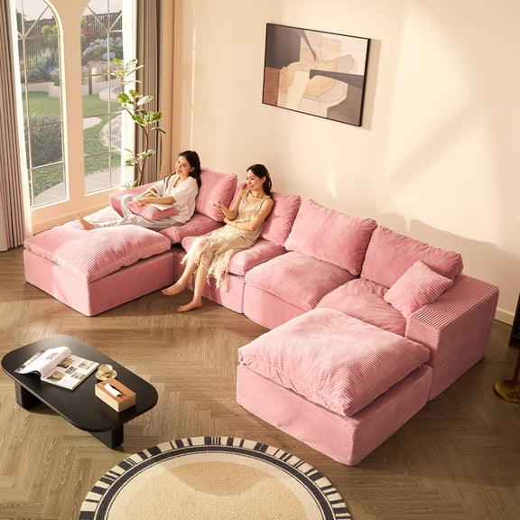 LAKPS 137.8" U-Shaped Modular Sectional Couch, Deep Seat for Families and Apartment Dwellers, No Assembly Required, Comfortable Sofa for Living Room, Corduroy, Pink