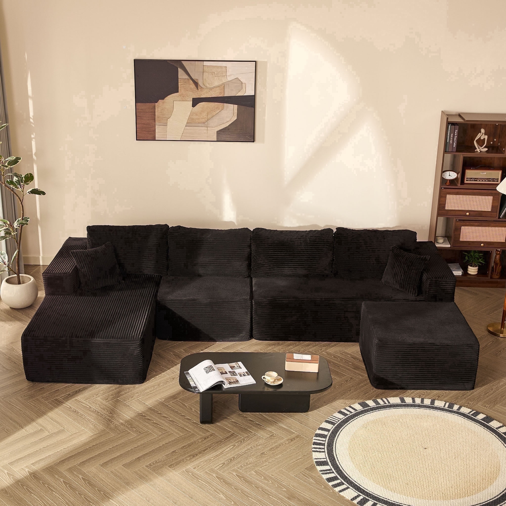 LAKPS 138" U-Shaped Left Modular Boneless Sectional Sofa, Deep Seat Corduroy Couch for Living Room, No Assembly Required, 4-Seater, Black